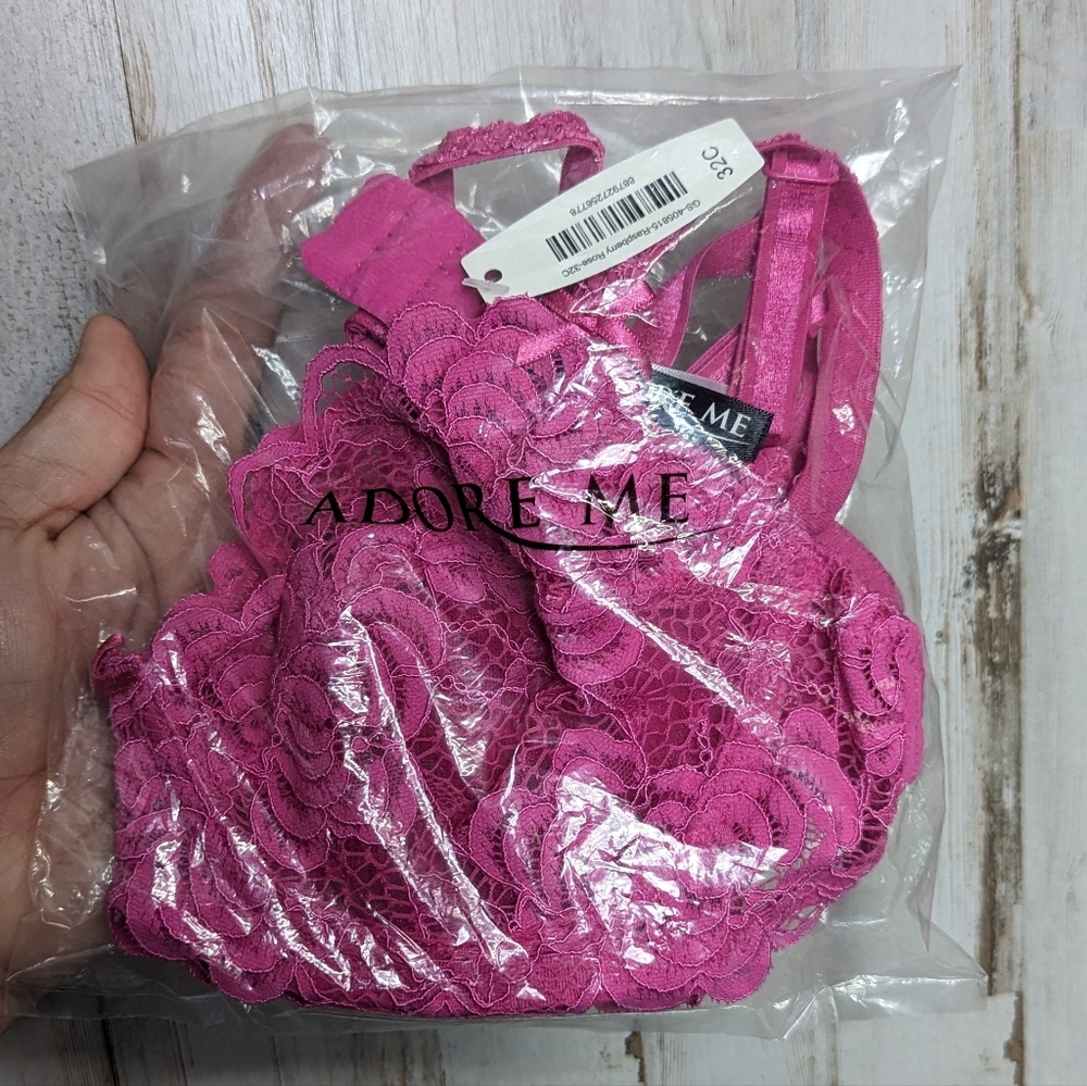 NEW Adore Me Lace Underwire 32C Bra Raspberry Pink Coquette Sexy Romantic - Picture 2 of 12
